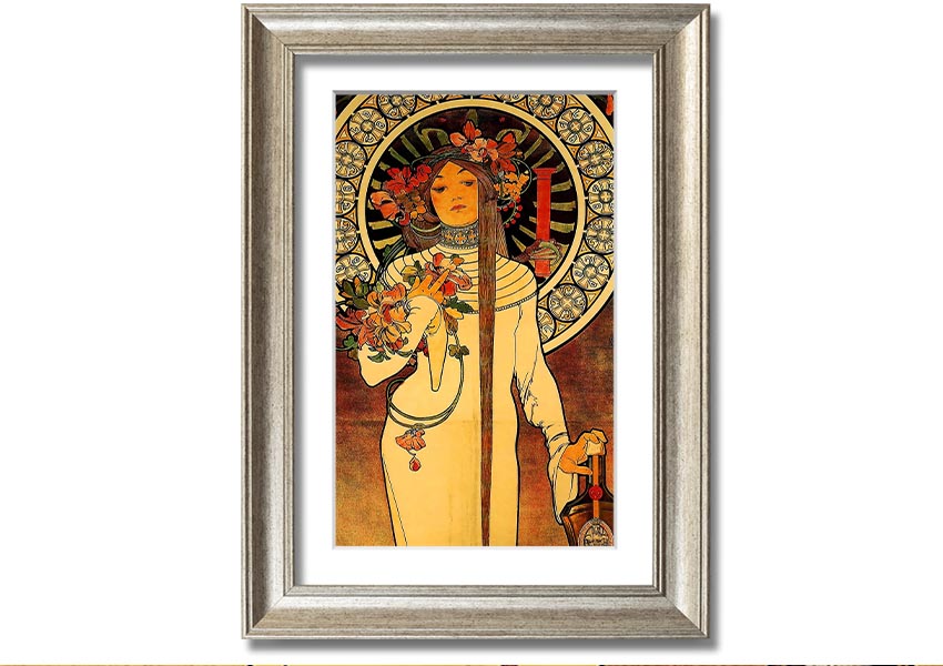 Framed print of Alphonse Mucha's La Trappistine artwork, showcasing intricate details and vibrant colors.